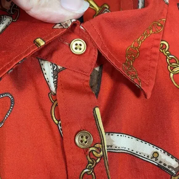 Talbots Equestrian Shirt Women's 14 Red Button Up Horse Bridle Classic Old Money - Picture 6 of 10